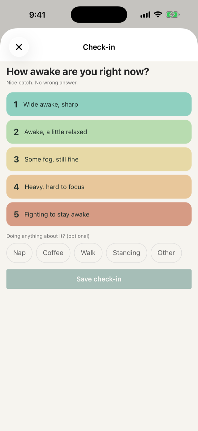 Ears Up check-in screen with a 1-to-5 how-awake-are-you scale