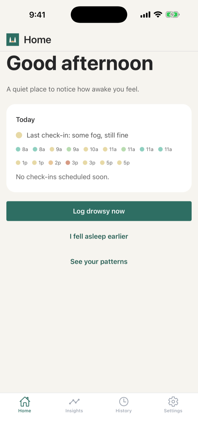 Ears Up home screen with a gentle prompt to check in on how awake you feel