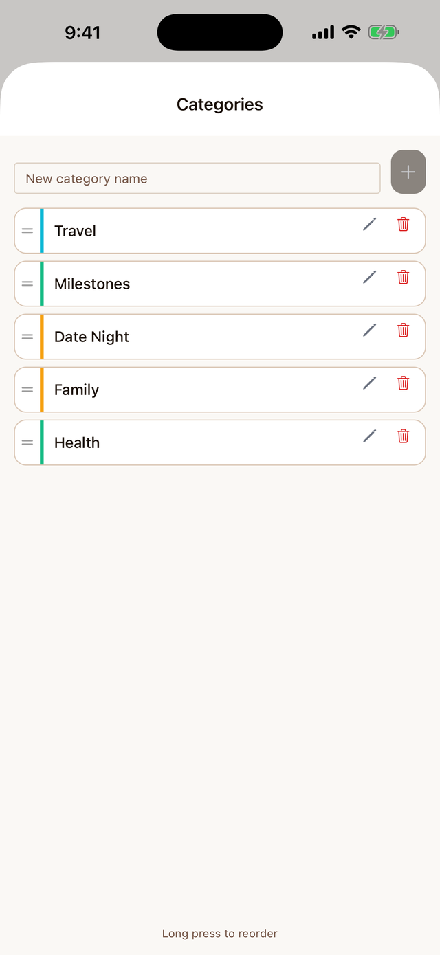 Life Log category management with custom, colored categories