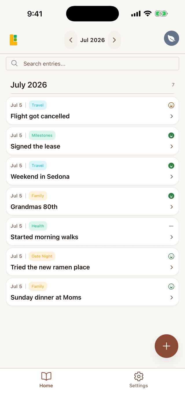 Life Log home screen showing a month of logged moments with colored categories and moods