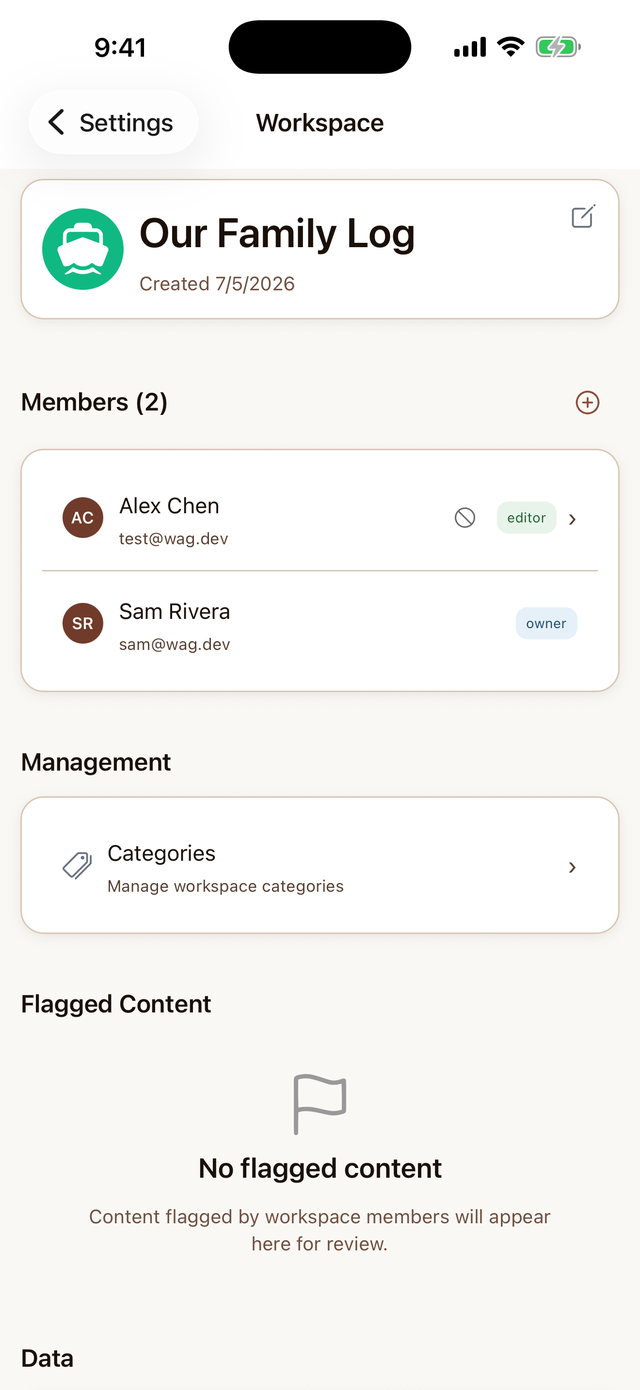 A Life Log workspace shared with two members, for reflecting together