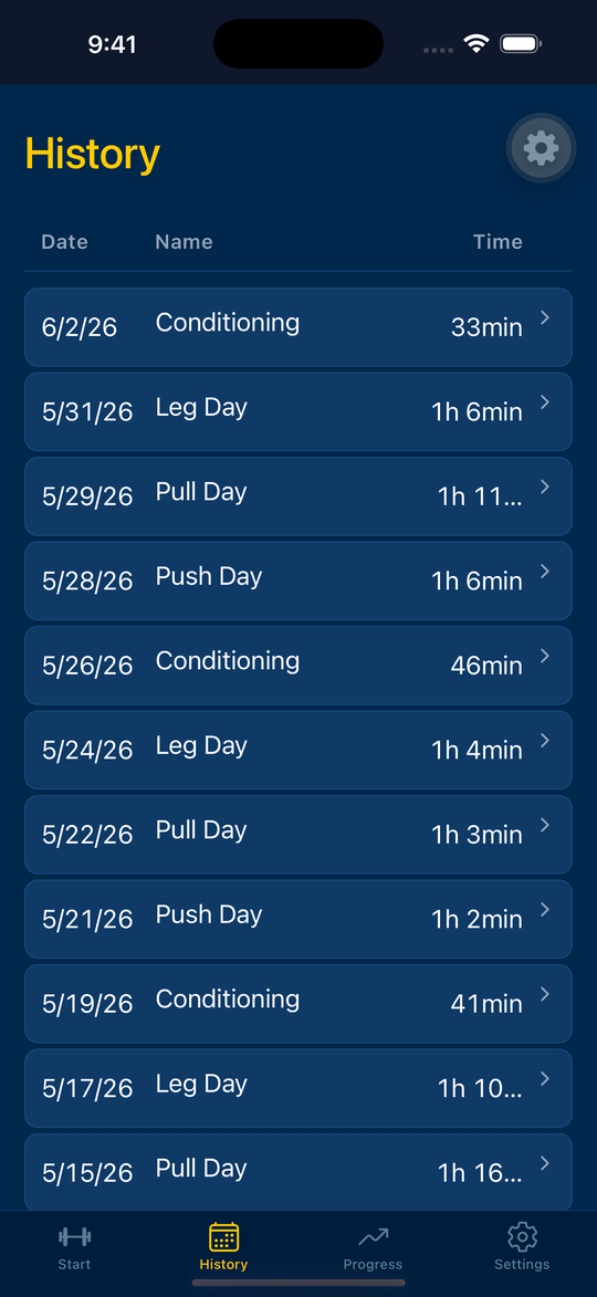 sesh workout history list