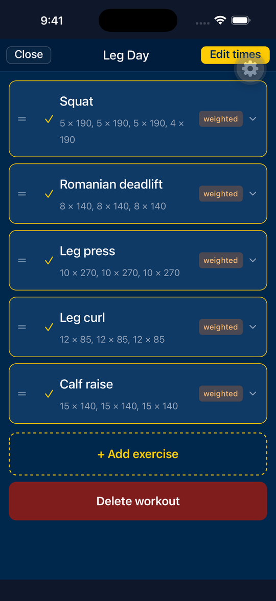 sesh workout detail with sets and reps